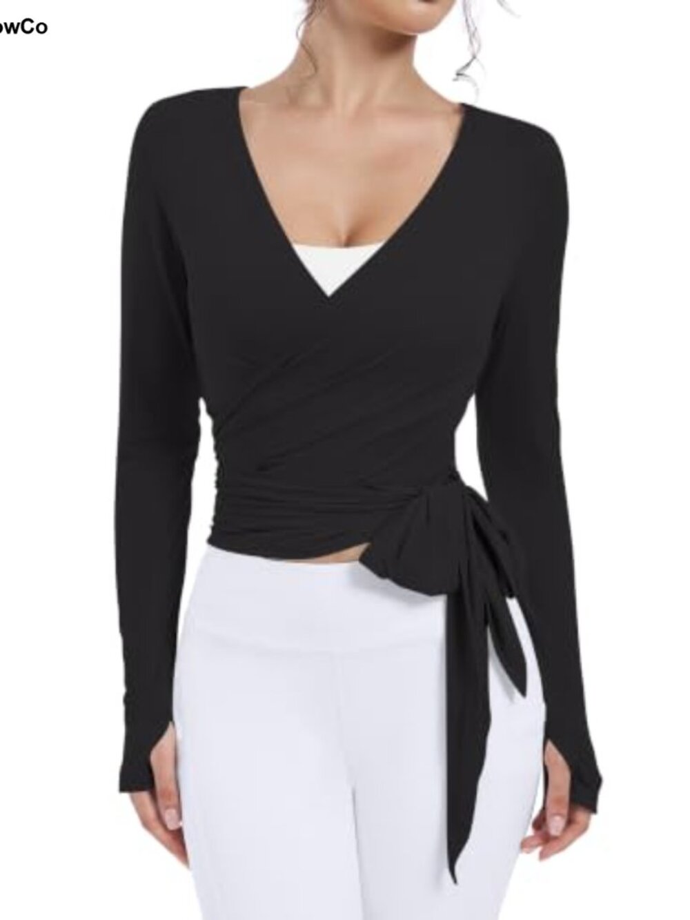 Womens Ballet Wrap Top Long Sleeve Thumbholes Dance Crop Pilates Activewear